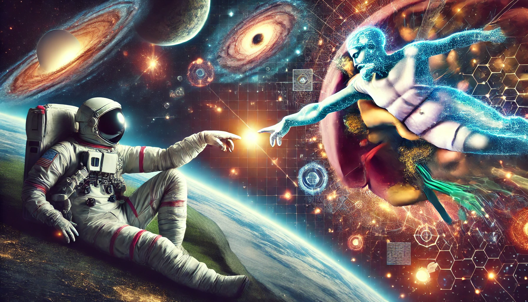 Here is the wide version of the modern reinterpretation of "The Creation of Adam," featuring the astronaut and the AI.