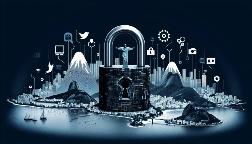 A visual representation of Brazil with a digital lock over it, symbolizing the suspension of Twitter. The backdrop could feature icons of social media platforms like Twitter and government symbols, showcasing the tension between digital platforms and regulations.